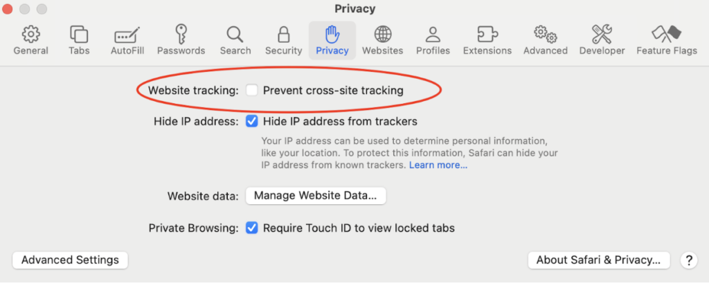 Safari privacy dialog in MacOS with the setting 'Prevent cross-site tracking' disabled. 